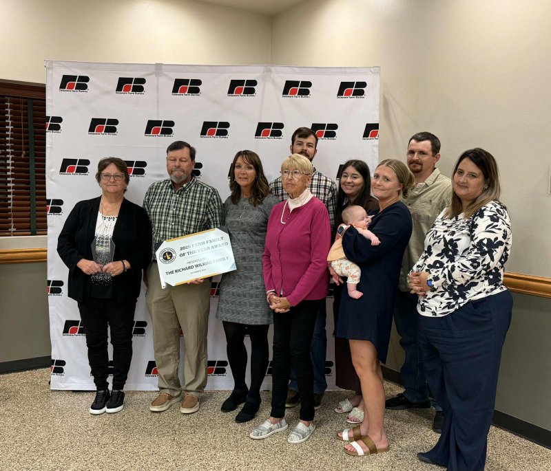 Farm Family of the Year Award presentation attendees are in back (l-r) Cole Neibert, Ally Duvall and Andy Duvall. In front are Donna Wilkins, Chris Neibert, Christy Wilkins, Bev Neibert, Kayla Adkins holding Adelynn Neibert, and Jenna Neibert. SUBMITTED PHOTOS